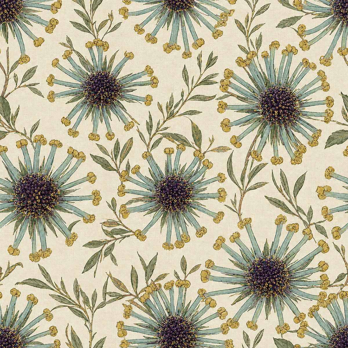 A repeating botanical pattern featuring large teal-blue flower heads with dark purple centers, olive-green leaves, and small mustard-yellow buds on a warm cream background.
