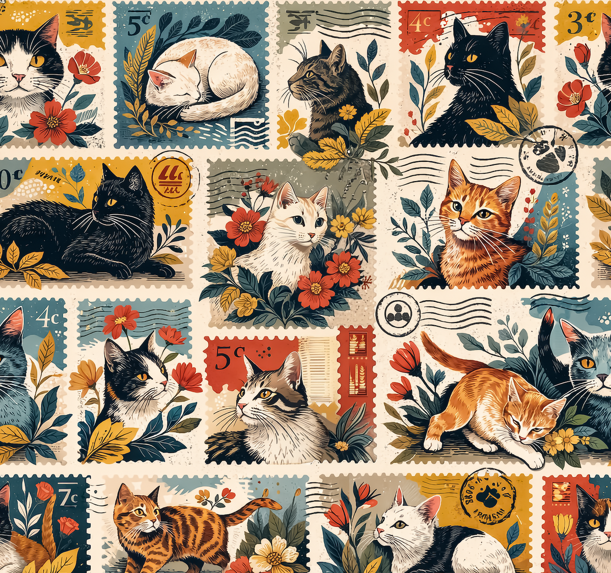 Atlanta Fabrics Cats Going Postal Multi Fabric | Atlanta Fabrics