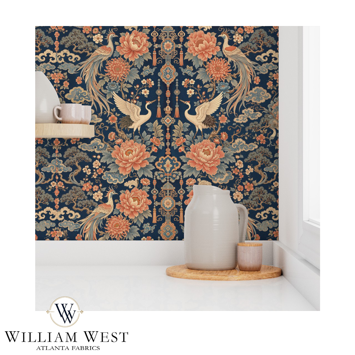 Atlanta Fabrics The Mandarin Garden Apricot Wallpaper Wallpaper | Atlanta Fabrics